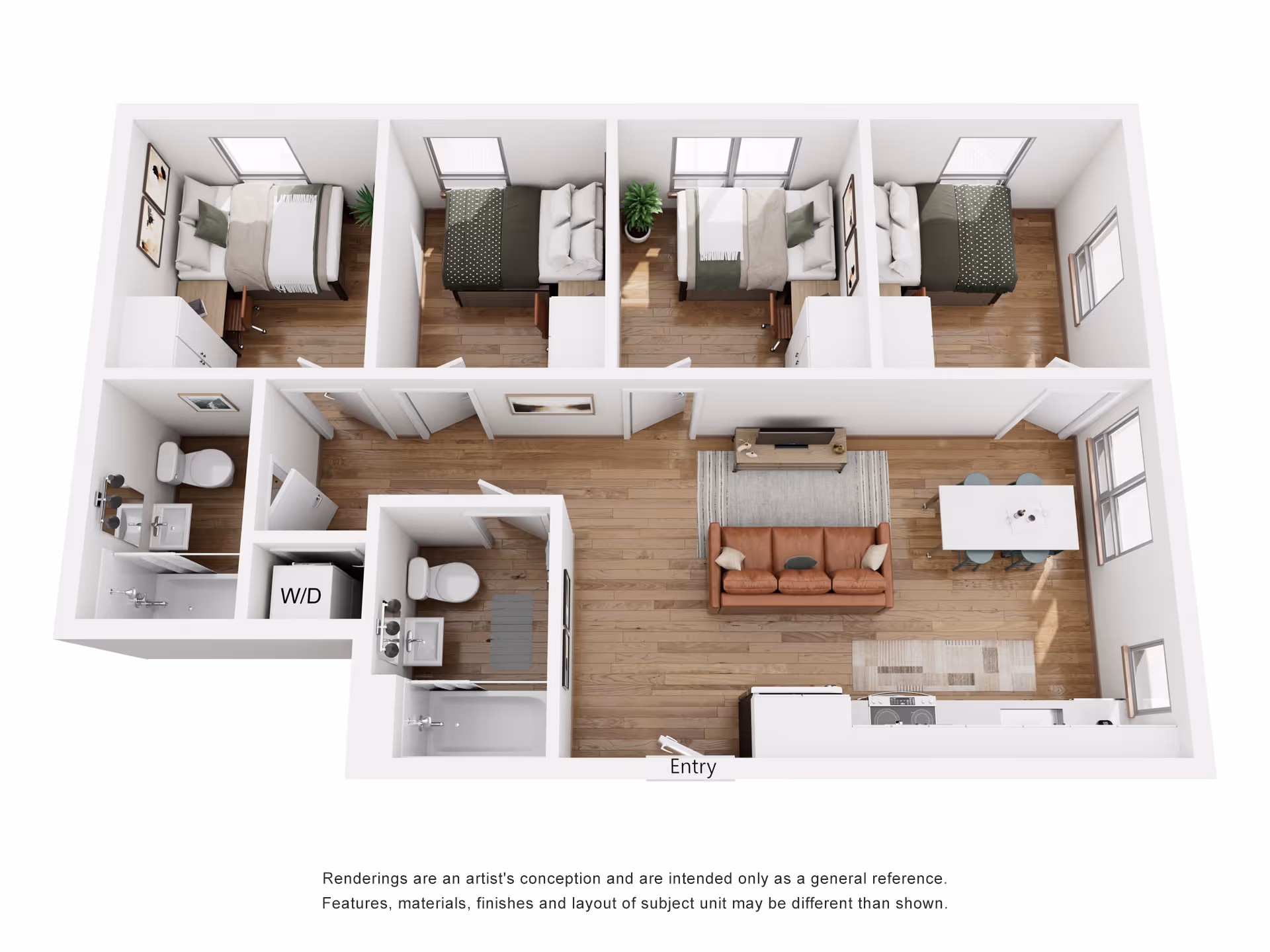 D1 layout, Overhead rendering of a 4-bedroom, 2-bathroom apartment floor plan. It features an open-concept living and dining area, a washer/dryer closet, and wood-style flooring throughout.
