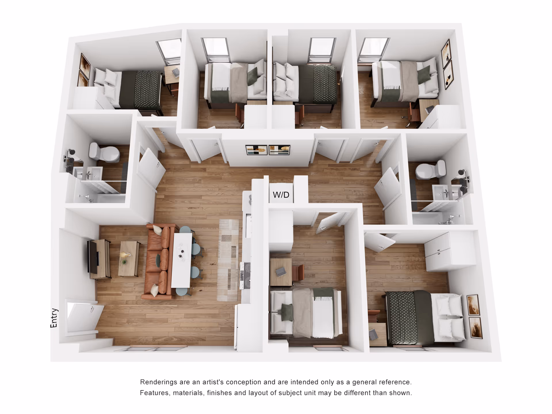 F1 layout, Overhead rendering of a 6-bedroom, 2-bathroom apartment floor plan. The common area has an open-concept living room, dining area, and a washer/dryer closet located near the center of the unit.