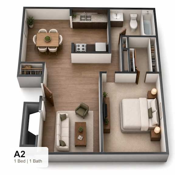 A 3D floor plan of a small apartment with one bed and one bath.