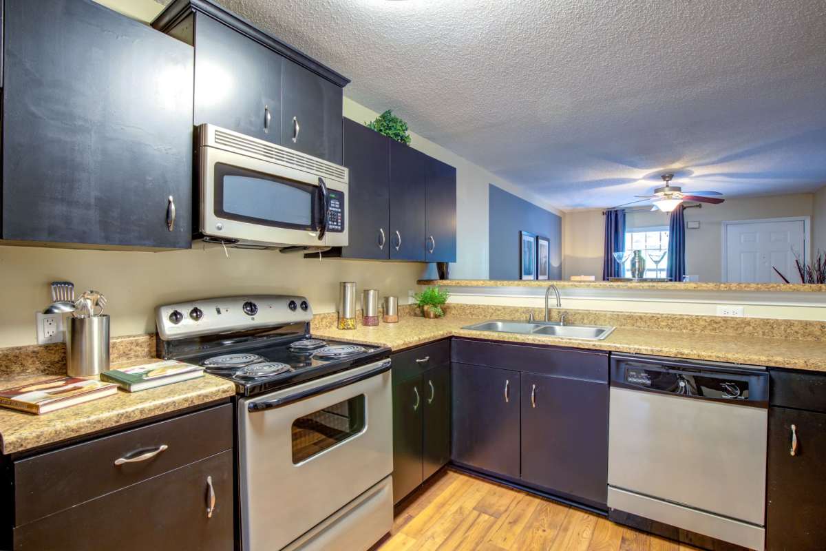 Kitchen with stainless-steel appliances at The Grove in Spartanburg, South Carolina