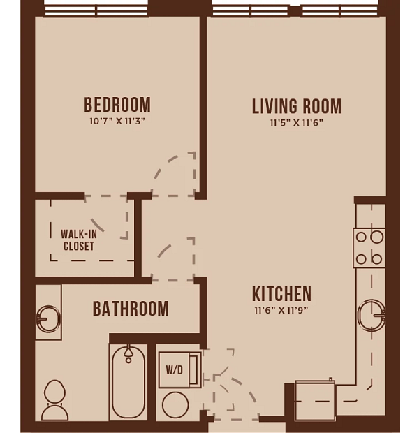 Floor Plan 1A. One bedroom, one bath at The Audrey Apartments in Highlands Ranch, CO.