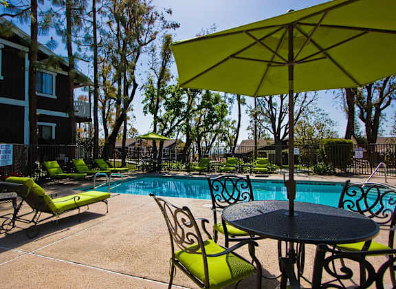 our apartments have a pool and patio with chairs and umbrellas