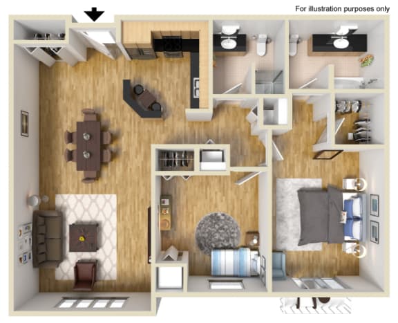 a 3d drawing of a living room with a wood floor