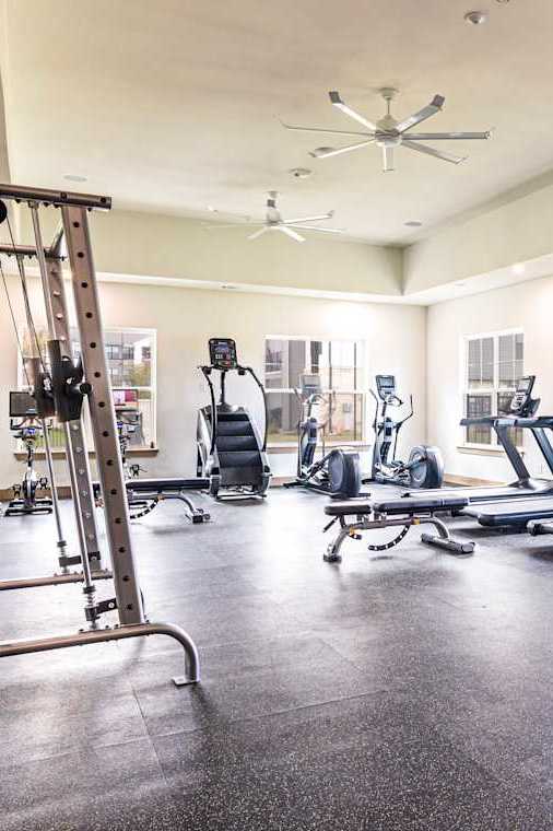 A gym with treadmills, weights, and exercise equipment.