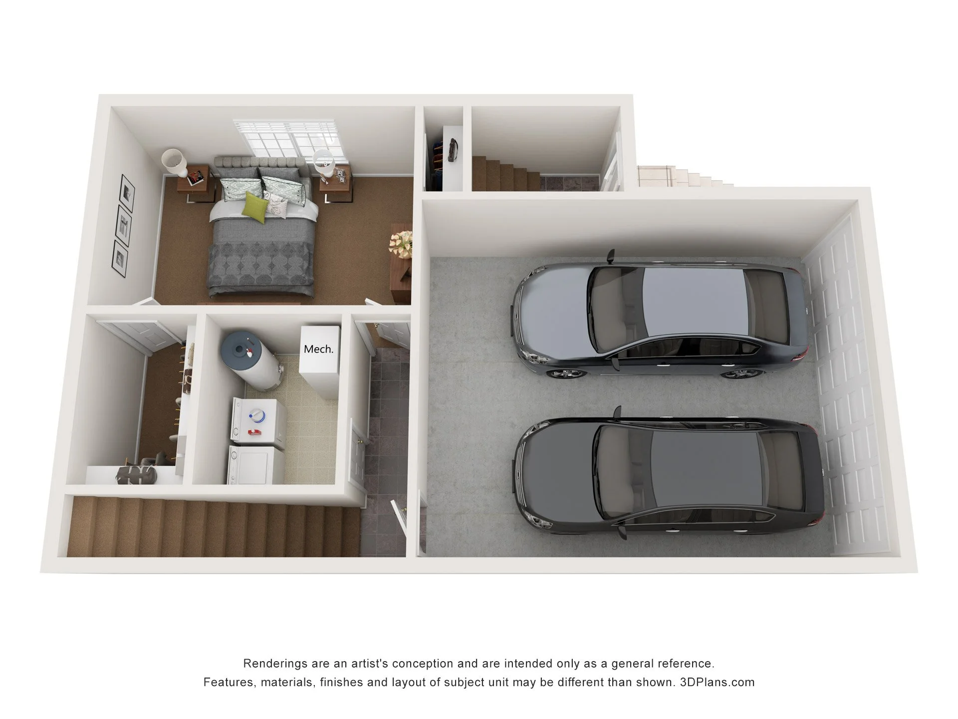 Townhome first floor plan with attached 2-car garage and laundry room and bedroom at The Brittany’s Apartments and Townhomes Rochester MN