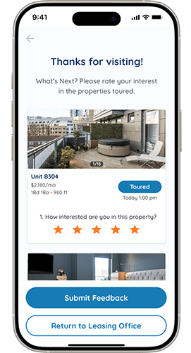 A mobile screen displays an application for Highgrove Apartments with options to apply now, contact the leasing office, see more units, and rate the unit and community.