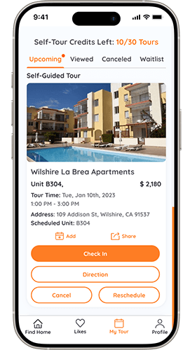 A phone screen displays a self-guided tour option for Wilshire La Brea Apartments.