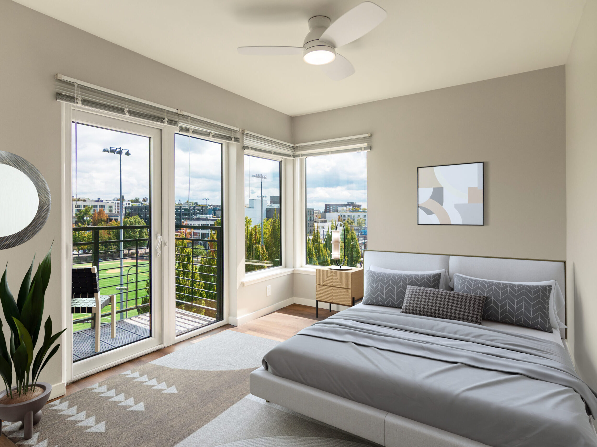Broadway Building open floor plan living room with natural light.