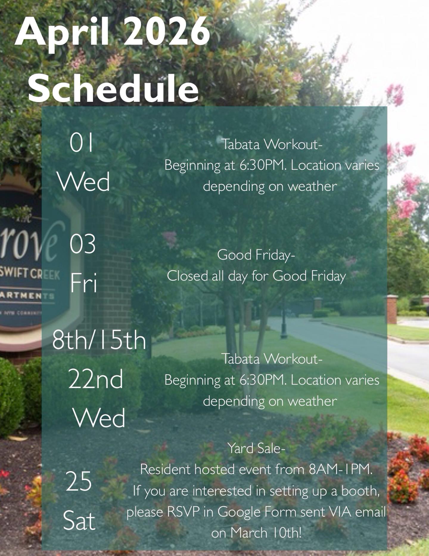 Join us for weekly Tabata workouts + our community yard sale this month! #ntsliving...