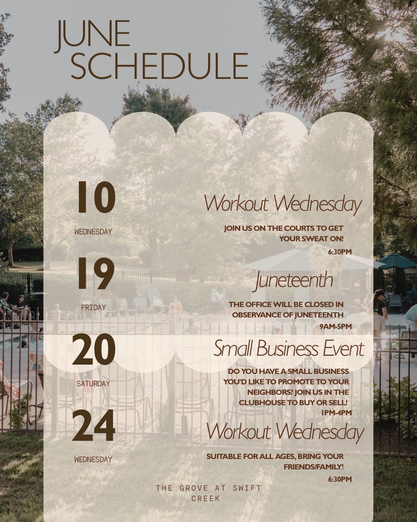June schedule is here!! Mark your calendars 📅 #groveswiftcreek #ntsliving #apartmentsinmidlothianva