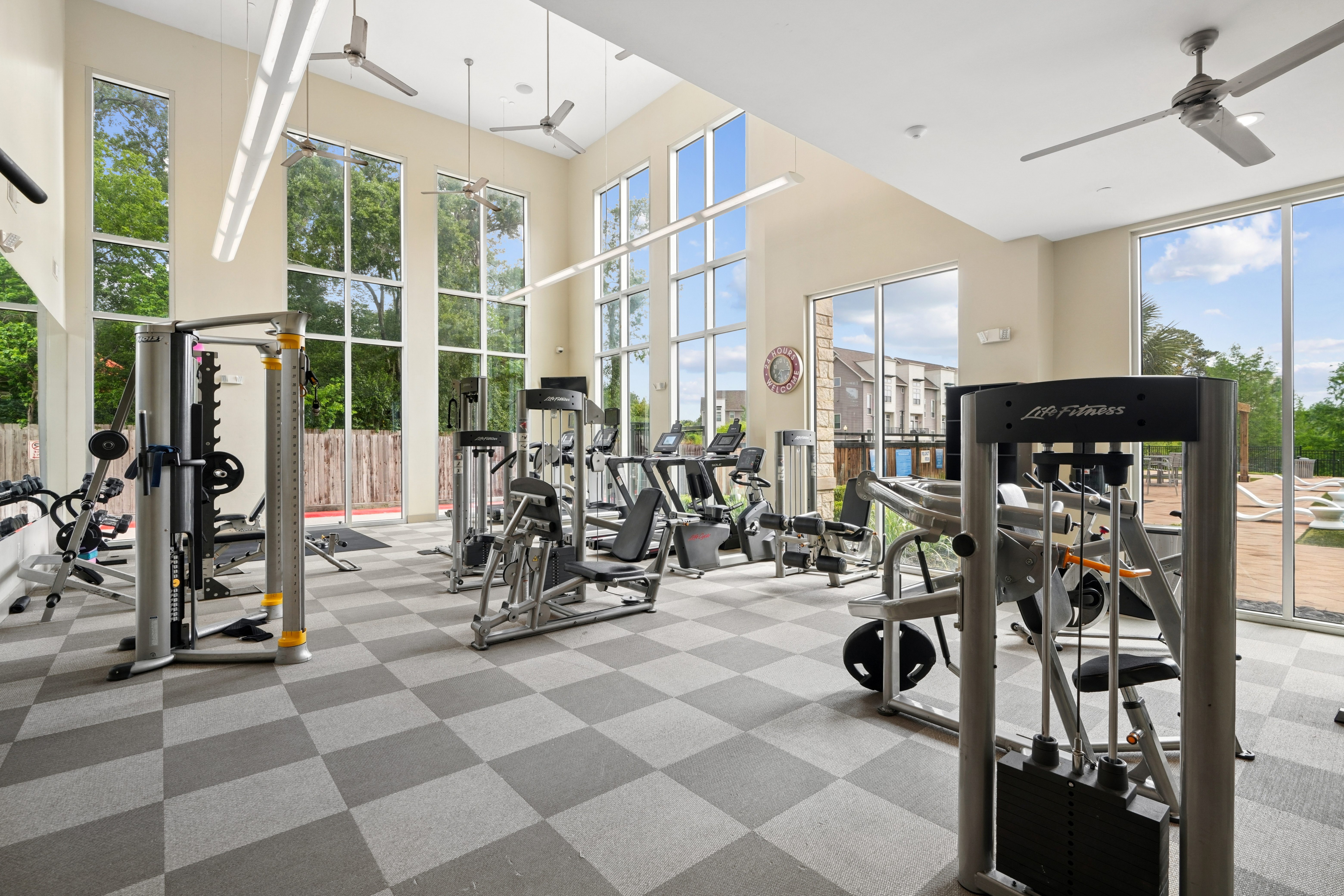 Gym with weight machines and stationary bikes