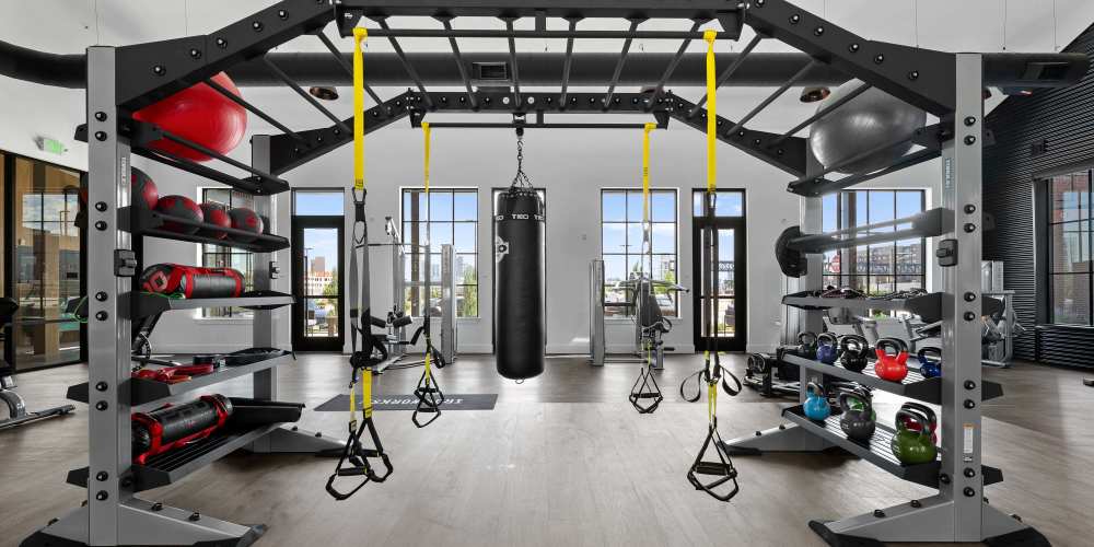 A gym with a functional training rig, kettlebells, and a punching bag in Denver, Colorado