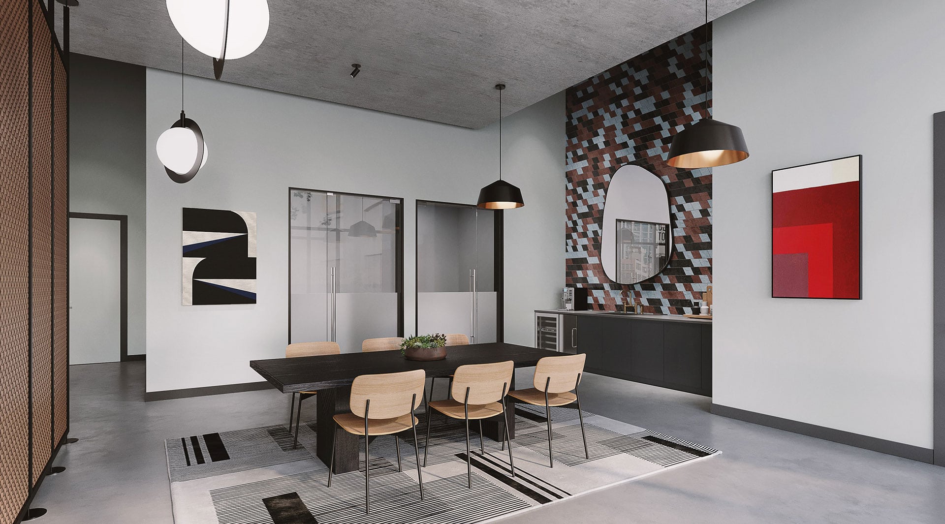 private tenant conference room with funky art, a mirror, hanging lights, a table with chairs, and a mini fridge and sink
