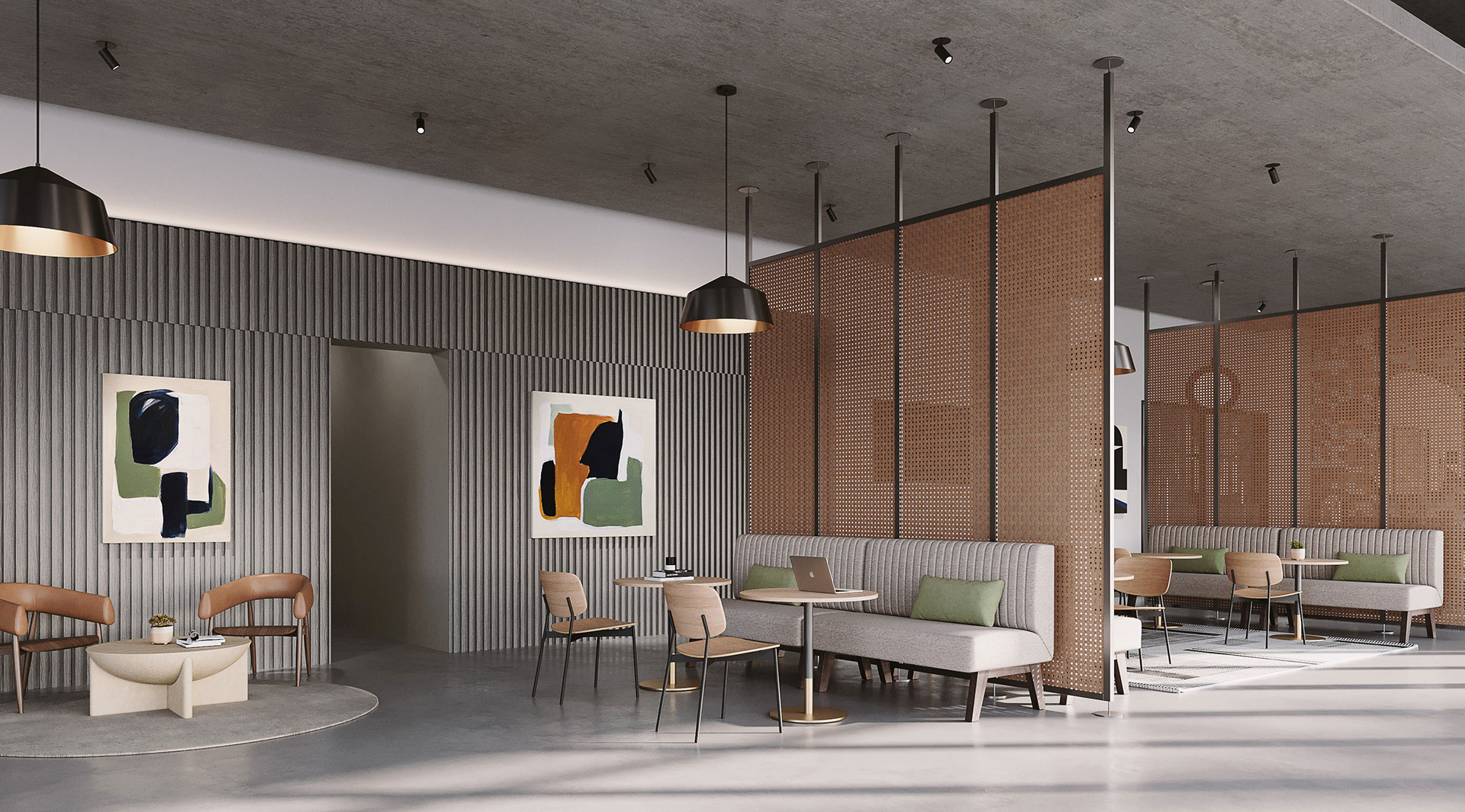 tenant amenity lounge room with multiple couches, lounge seating and coffee tables, dining table and chairs, and a mini fridge and sink