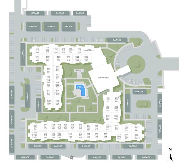 A map of a neighborhood with a swimming pool and a clubhouse.