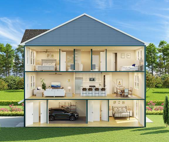 A modern house with a blue roof and white walls, featuring a living room, kitchen, dining area, and a garage.