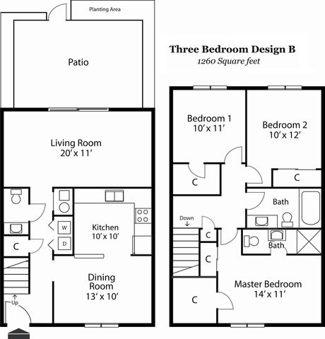 Chic two-story floor plan showcasing a Three Bedroom Design B, featuring a spacious living room, modern kitchen, patio with planting area, generous dining room, and a luxurious master bedroom with ensuite bath.