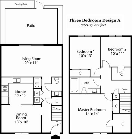 Elegant three-bedroom floor plan, featuring a cozy living room, modern kitchen, and inviting patio space.