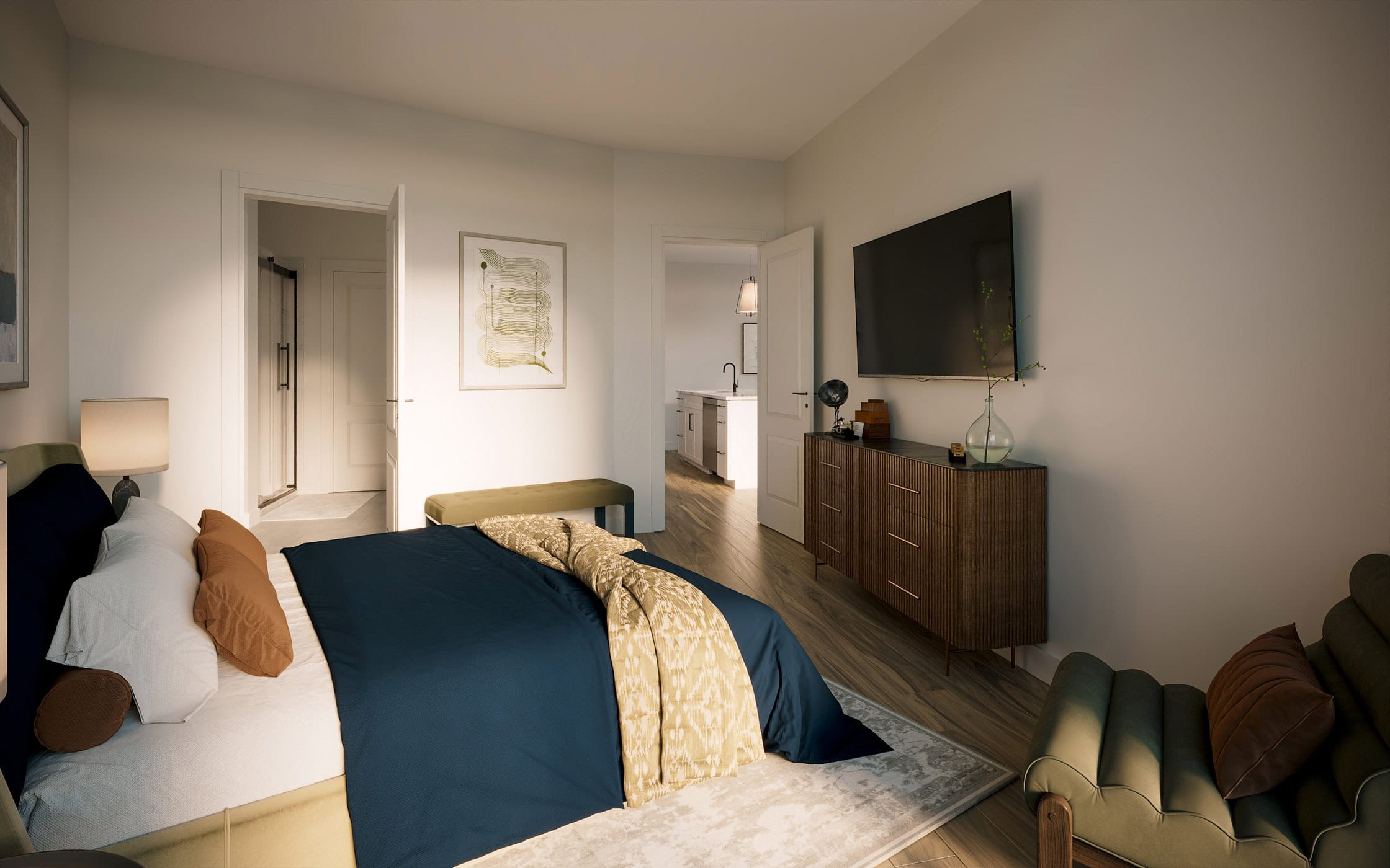 Bedroom with mounted tv and TV stand