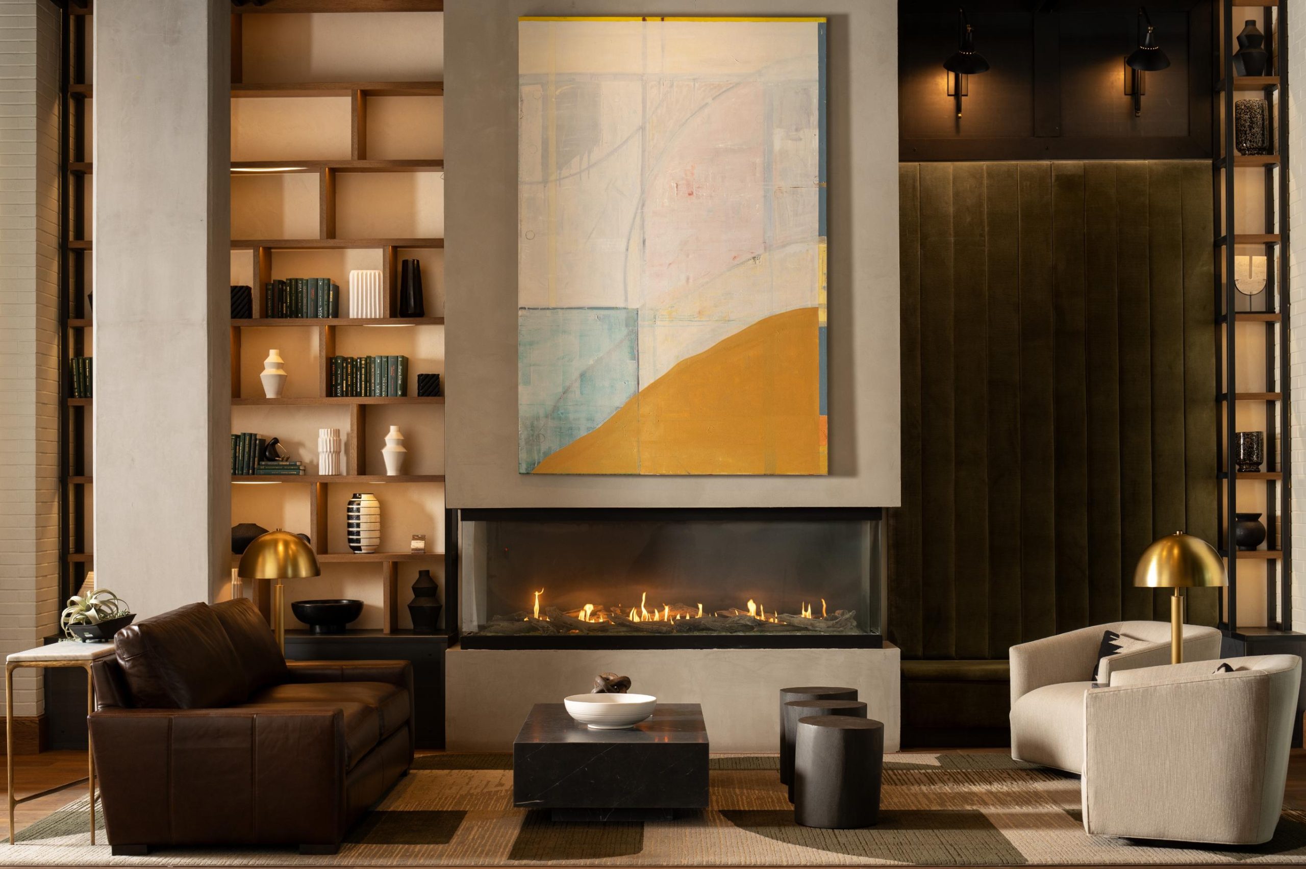 Lobby with seating and fireplace