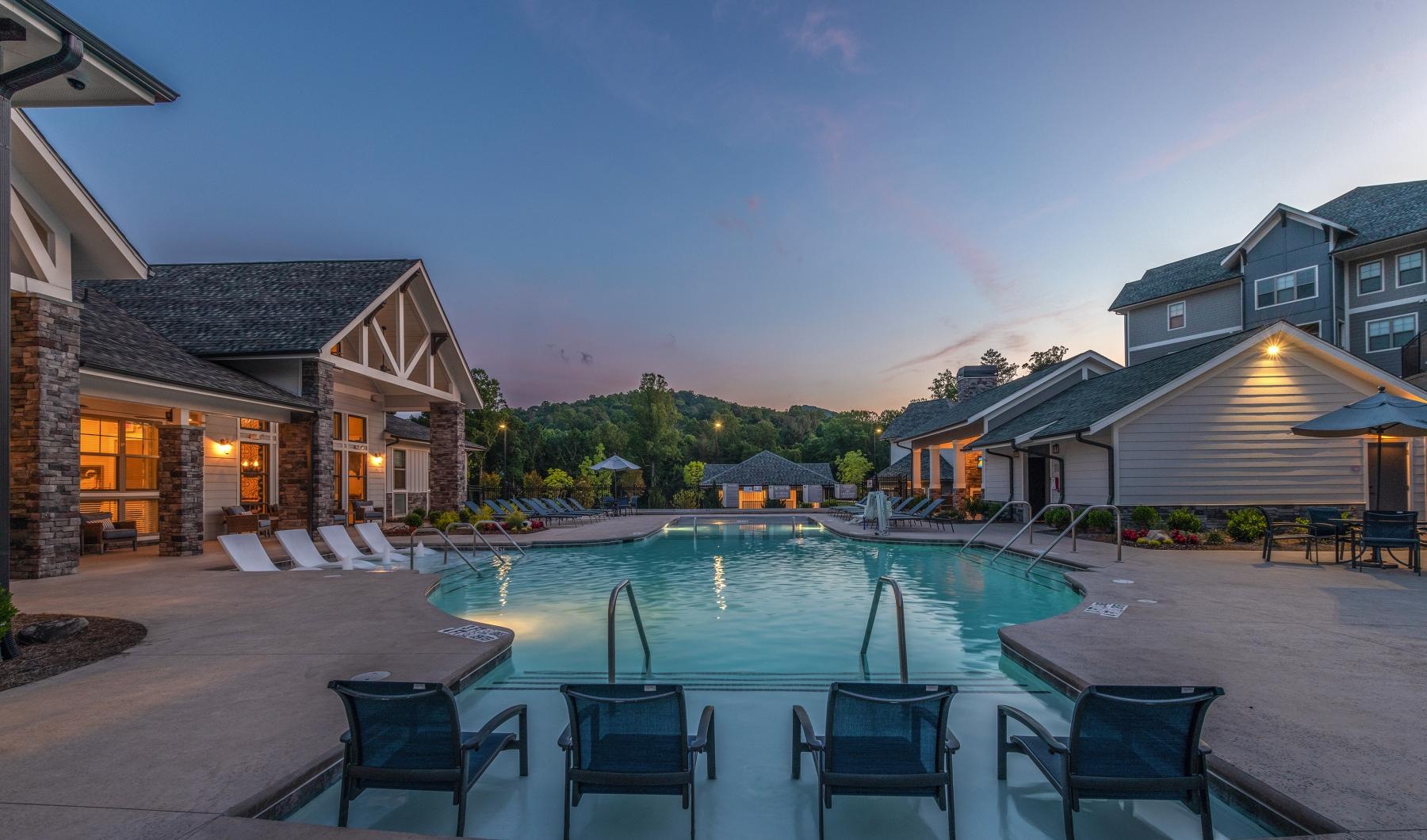 a swimming pool and seating