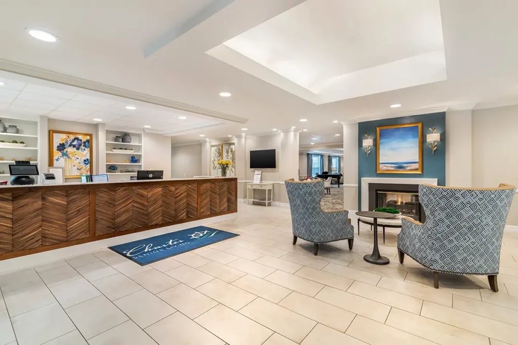 lobby and reception desk at Charter Senior Living of Dedham