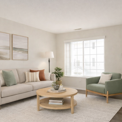 Styled living room with neutral decor and fireplace