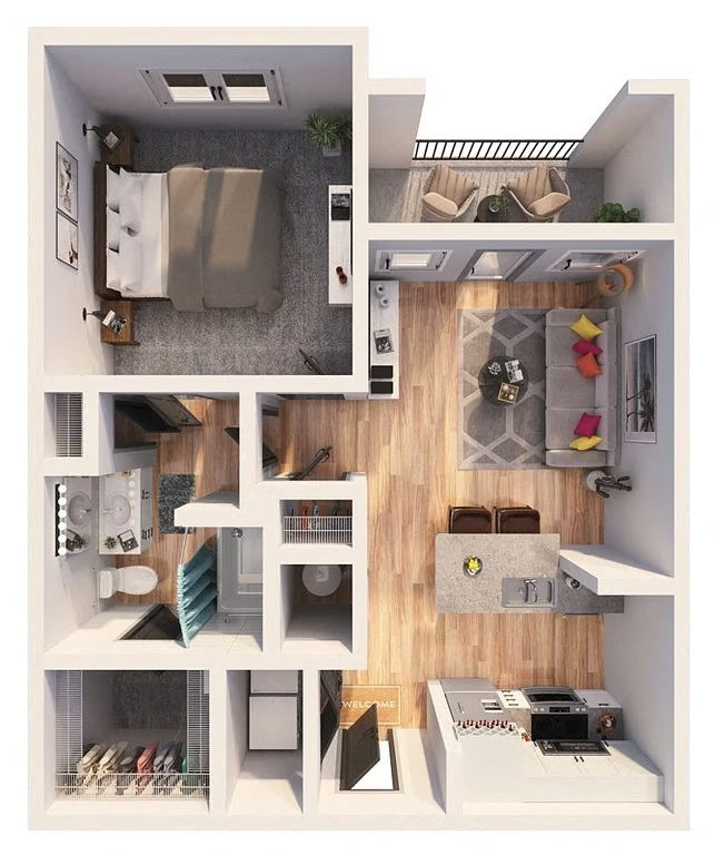 One bedroom floor plan image.