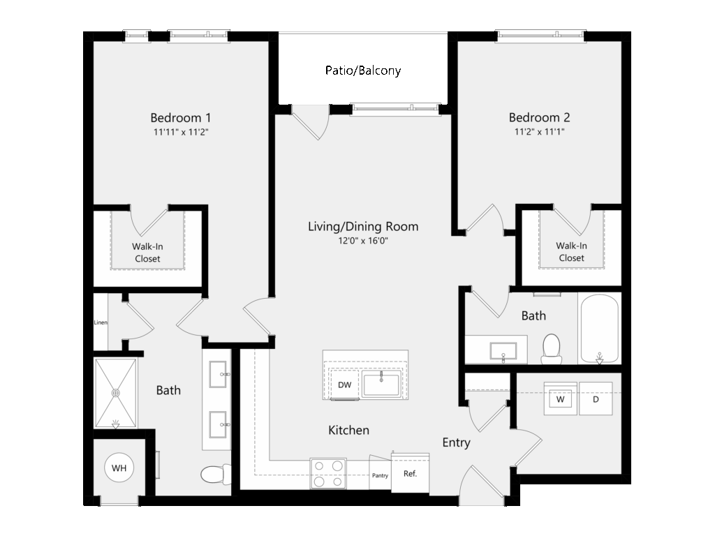 A 3D image of the B1 floorplan, a 1046 squarefoot, 2 bed / 2 bath unit