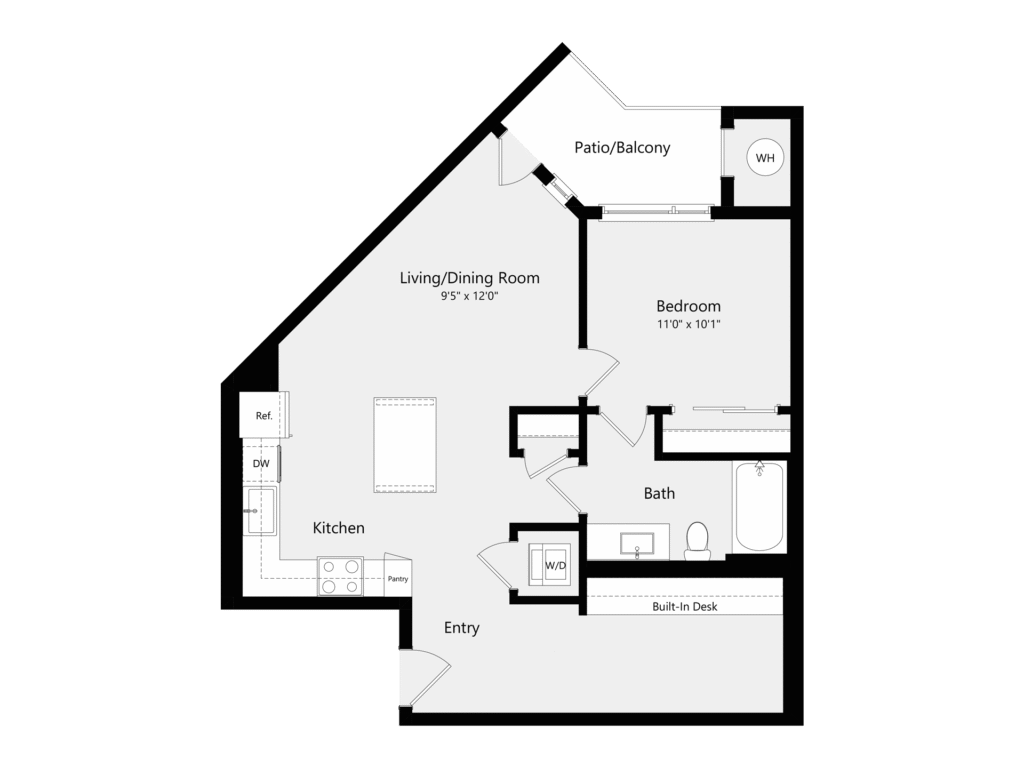 A 3D image of the A11 floorplan, a 789 squarefoot, 1 bed / 1 bath unit