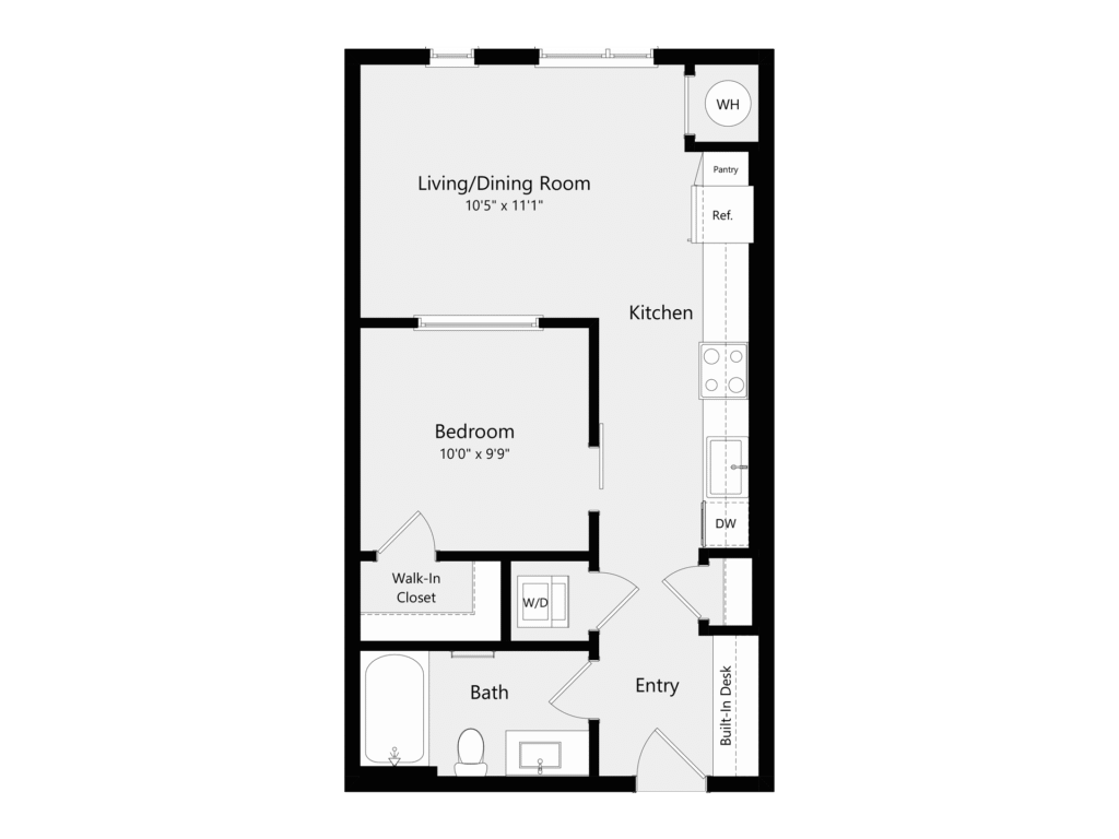 A 3D image of the A11 floorplan, a 789 squarefoot, 1 bed / 1 bath unit
