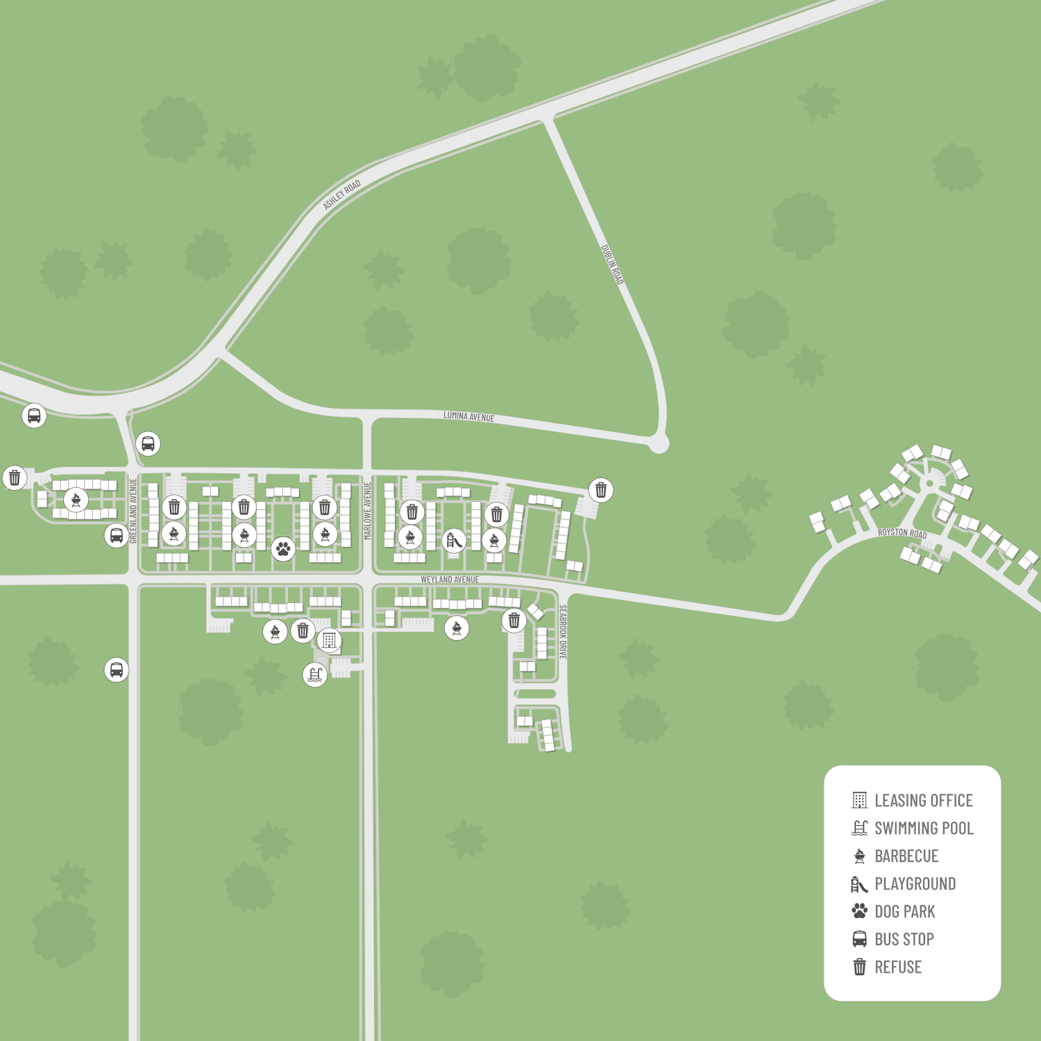 A site map marked by red dots showing unit locations, if available.