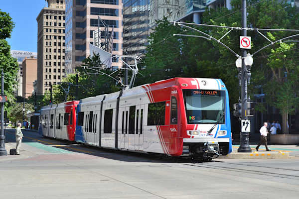 A red and white train at SevenO2 Main Apartments, Salt Lake City, 84101
