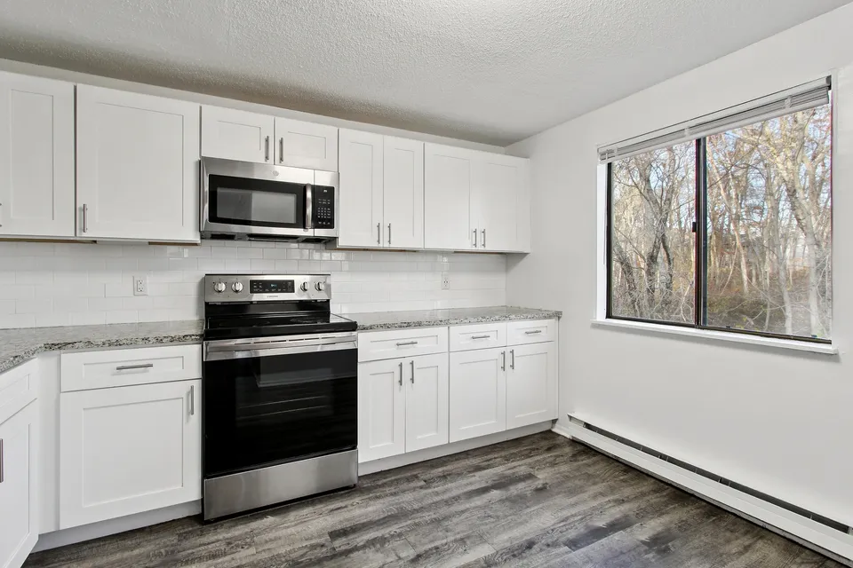 Bright modern kitchen with sleek white cabinets, stainless steel appliances, and large window offering beautiful tree-lined views.