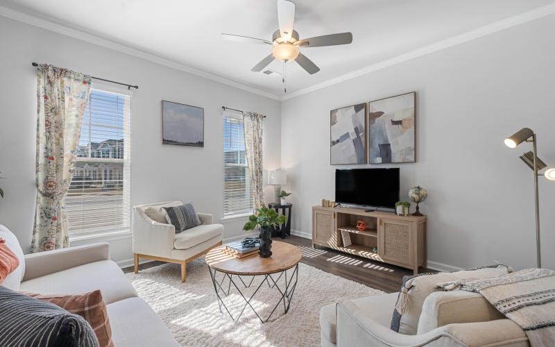 a living room with a fan and couches