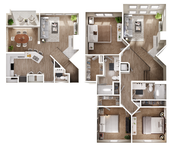 Luxurious 3D floor plan with two bedrooms, open living and dining area, and stylish kitchen.