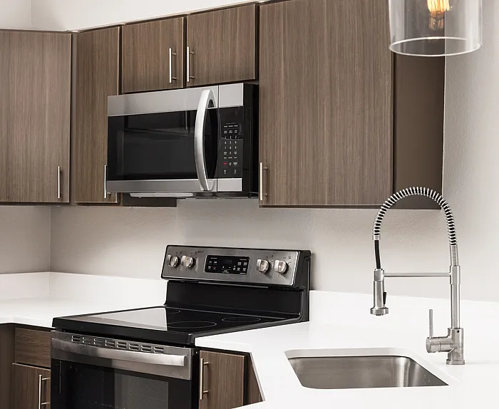 Modern kitchen with sleek dark wood cabinets, stainless steel appliances, and elegant pendant lighting.
