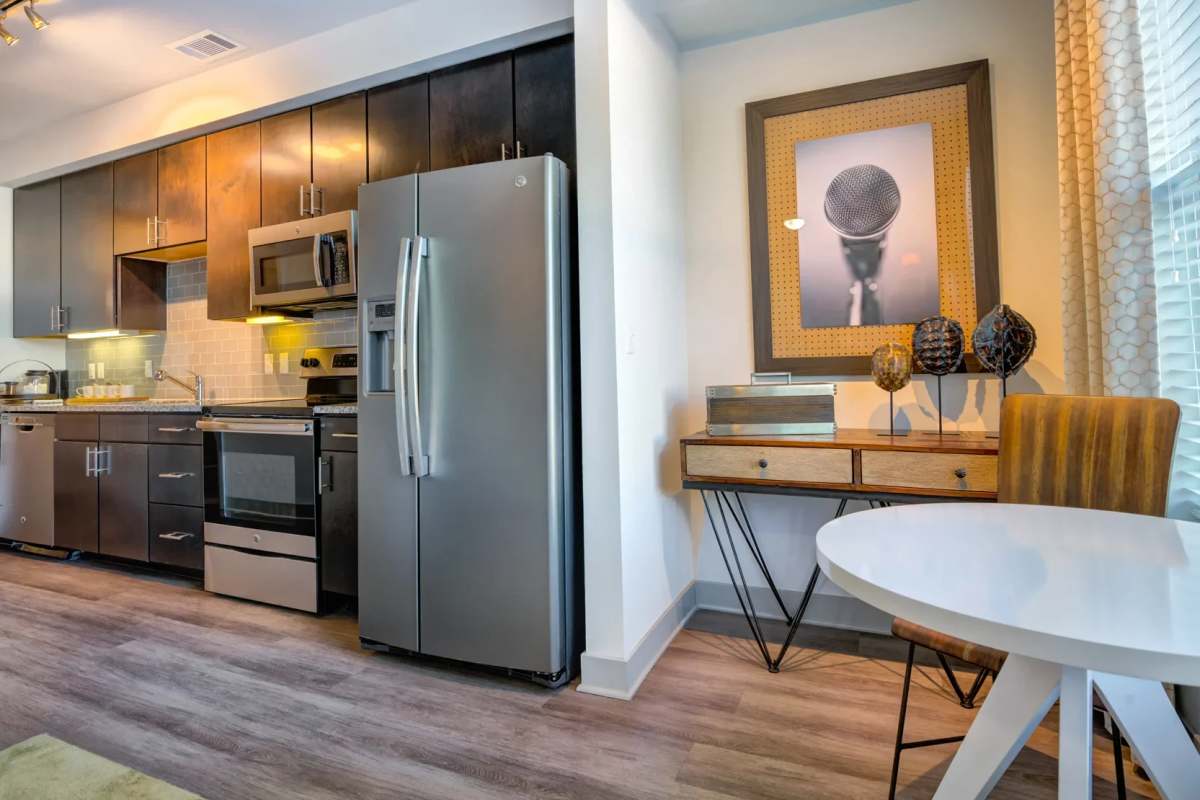 Kitchen with a stainless-steel refrigerator at The Carillon in Nashville, Tennessee