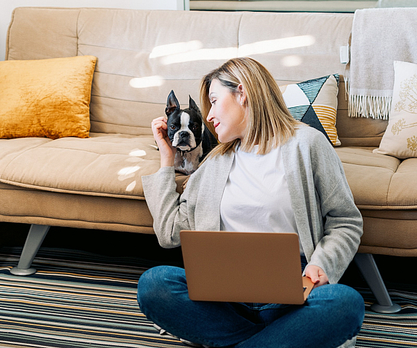 Cozy living room with a modern beige sofa, vibrant pillows, and natural light streaming through. A person with a laptop enjoys quality time with their dog, highlighting a pet-friendly, comfortable apartment space.