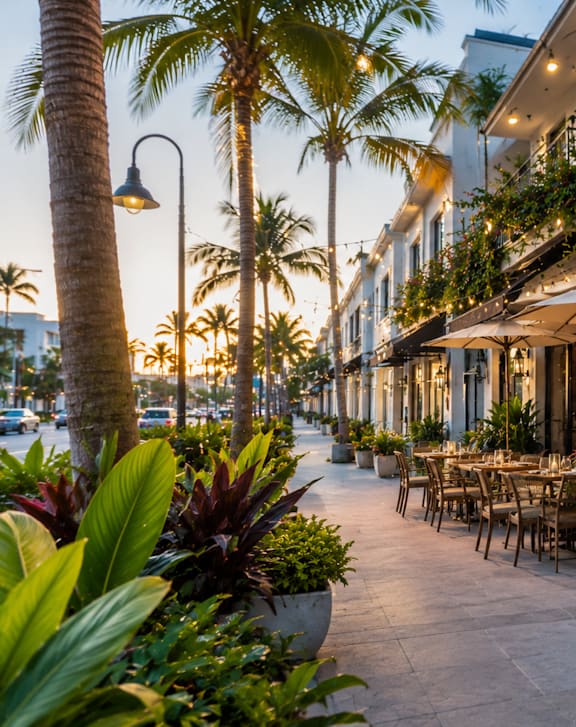 A restaurant with tables and chairs under umbrellas with plants and trees around.