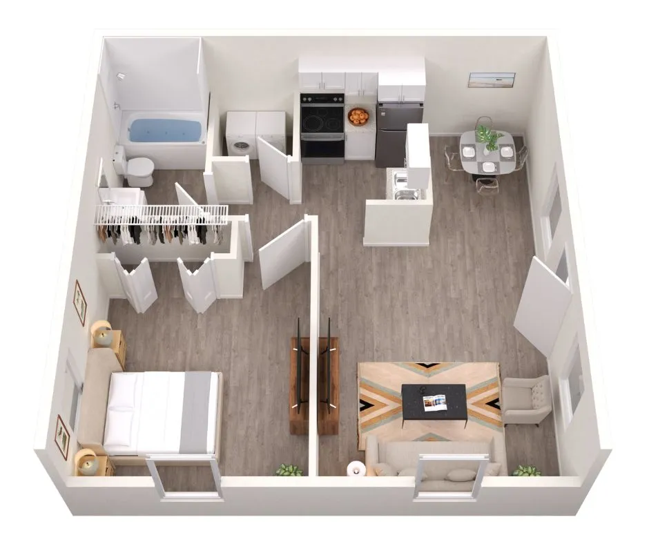 Charming 3D floor plan showcasing a one-bedroom apartment with an open living area and modern kitchen.