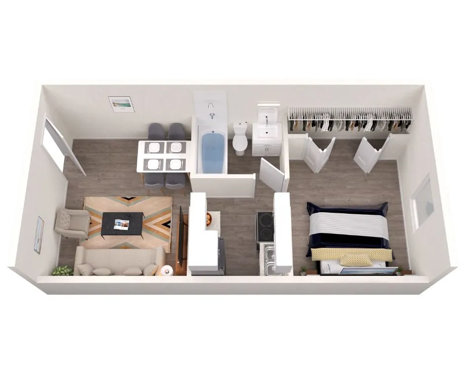 3D floor plan of a one-bedroom apartment with open living and dining area, compact kitchen, and bathroom.