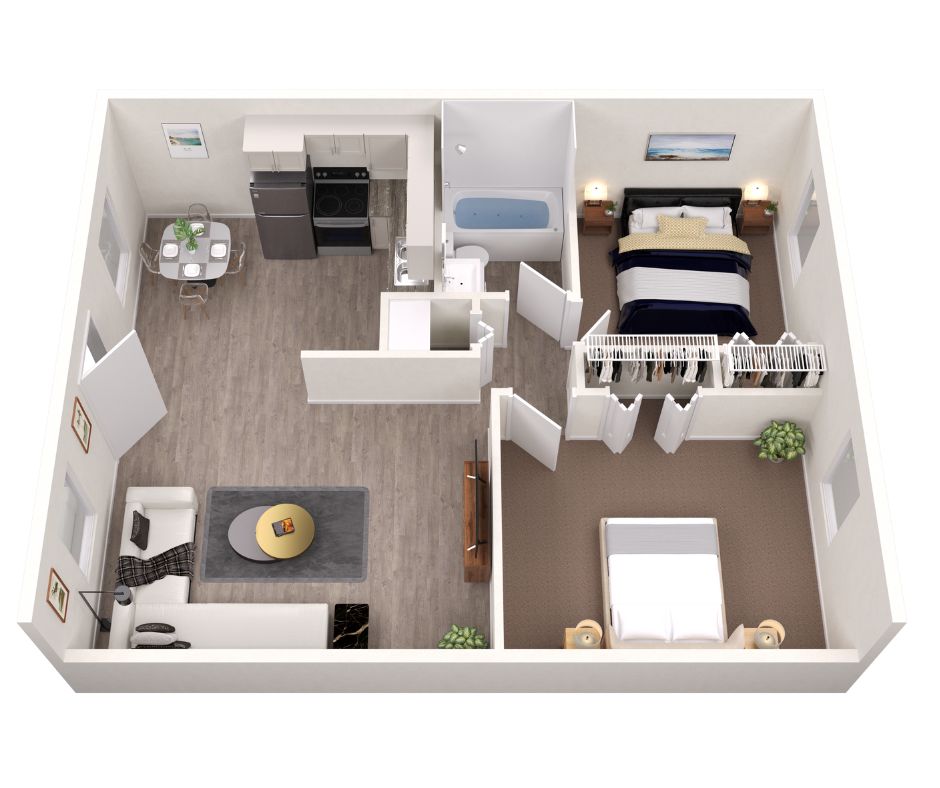 3D floor plan of a modern apartment with a bedroom, cozy living space, open kitchen, and bathroom.