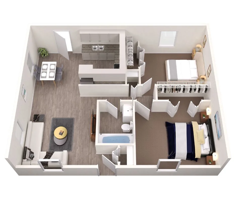 3D floor plan of a two-bedroom apartment featuring a spacious open living area and a modern kitchen.