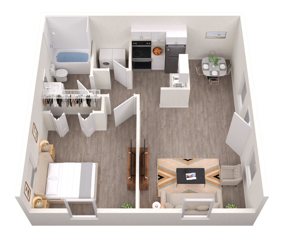 Charming 3D floor plan showcasing a one-bedroom apartment with an open living area and modern kitchen.