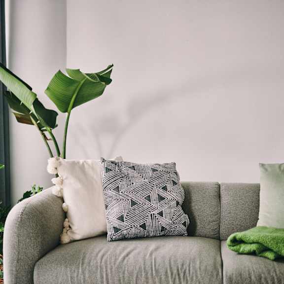 a grey couch with a green pillow and a green leafy plant in a vase.