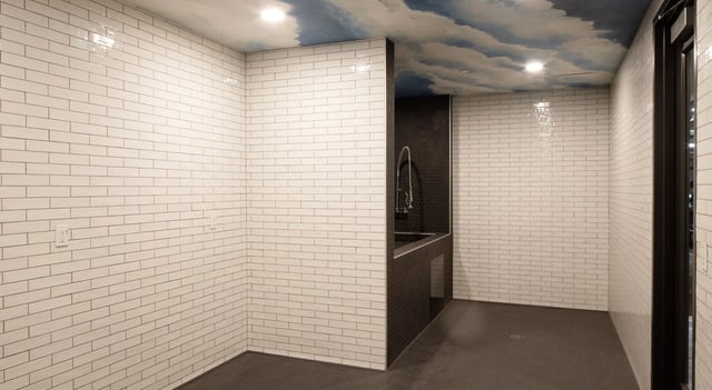 Utility sink area with white subway tile walls and a unique cloud-painted ceiling.