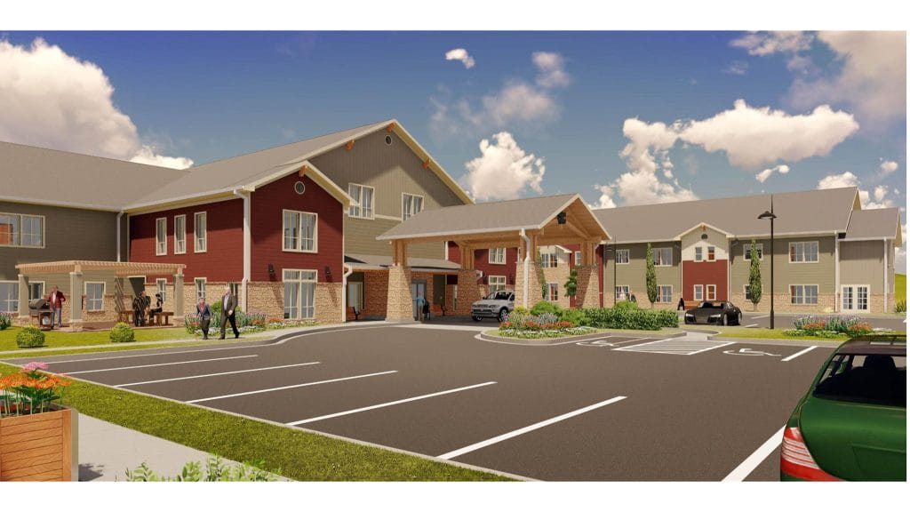Primrose Retirement Community of Washington, offering Assisted Living services. This image showcases the welcoming exterior, covered entryway, ample parking, and residents enjoying the outdoor amenities.
