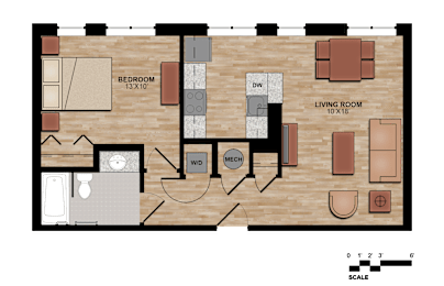 A floor plan of a house with a living room, bedroom, and bathroom.