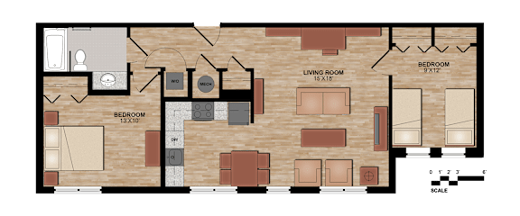 A floor plan of a house with two bedrooms, a living room, and a bathroom.